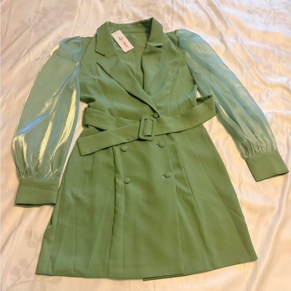 D&M Dresses & Skirts - Sage Green Belted Blazer Dress w/ Sheer Sleeves – Size M (NWT)